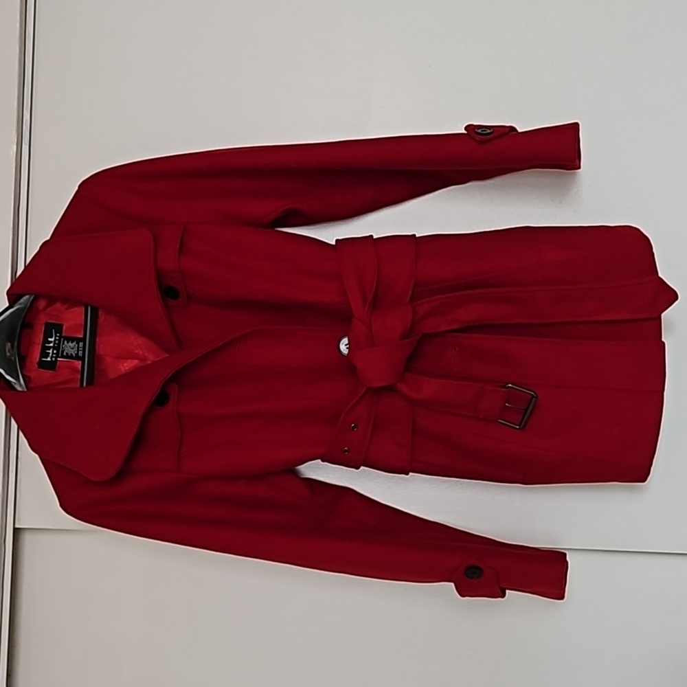 Nicole Miller Belted Red Pea Coat Button Up Large EUC